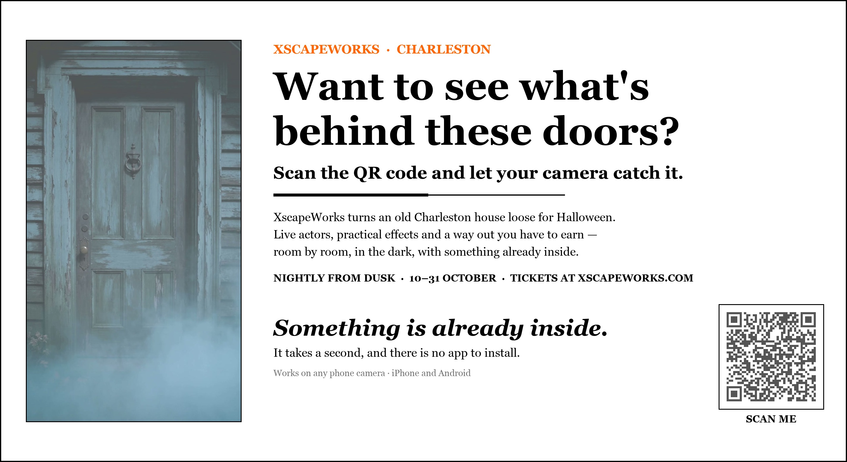 A half-page newspaper advertisement for a Halloween attraction, showing a weathered door